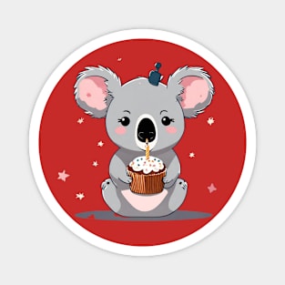 Cute Koala girl holding a birthday muffin with a candle,.Vector flat illustration Magnet